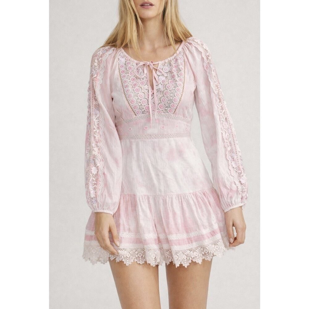 LoveShackFancy Chelie Dress Pink Tie Dye Embroidered Lace Mini 2